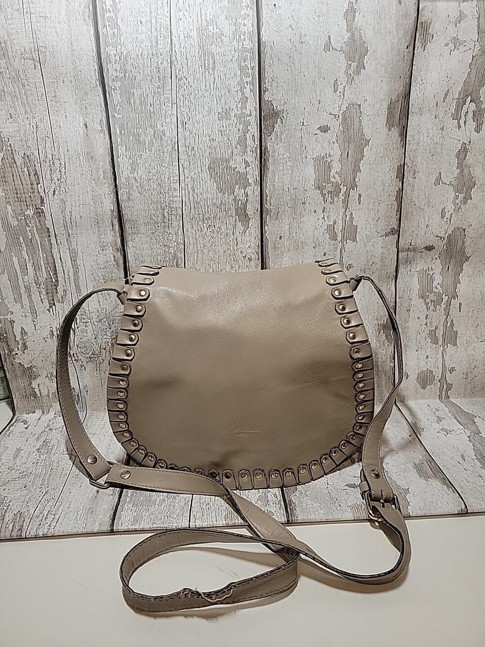 Cavalcanti Leather Saddle Bag Crossbody Beige Studded Distressed